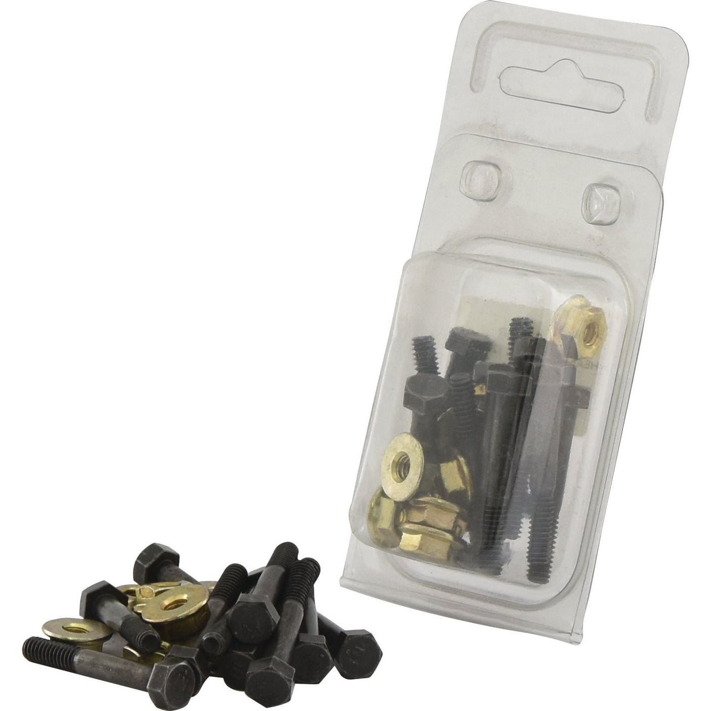 A pack and a pile of assorted black screws, gold washers, and Sparex Shear Bolts (Imperial) | Sparex Part No.S.3608 on a white background.