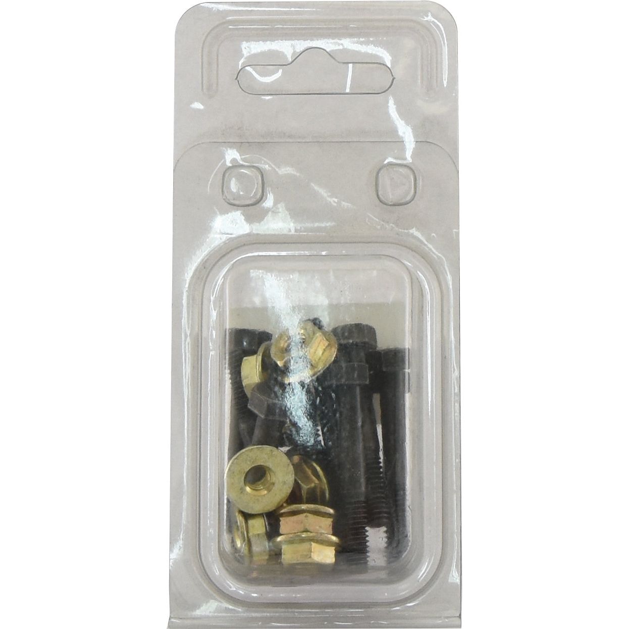 A sealed plastic package containing black screws, nuts, washers, and the Sparex Shear Bolt – Imperial (Part No. S.3608), compatible with Ford / New Holland equipment.