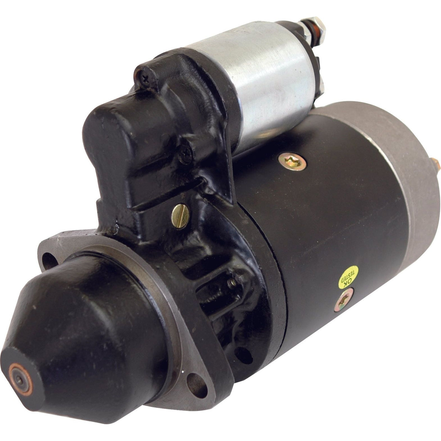 A black and silver Starter Motor - 12V, 2.7Kw (Sparex) | Sparex Part No.S.361021, featuring visible bolts and cylindrical components, precisely engineered for 12V systems.