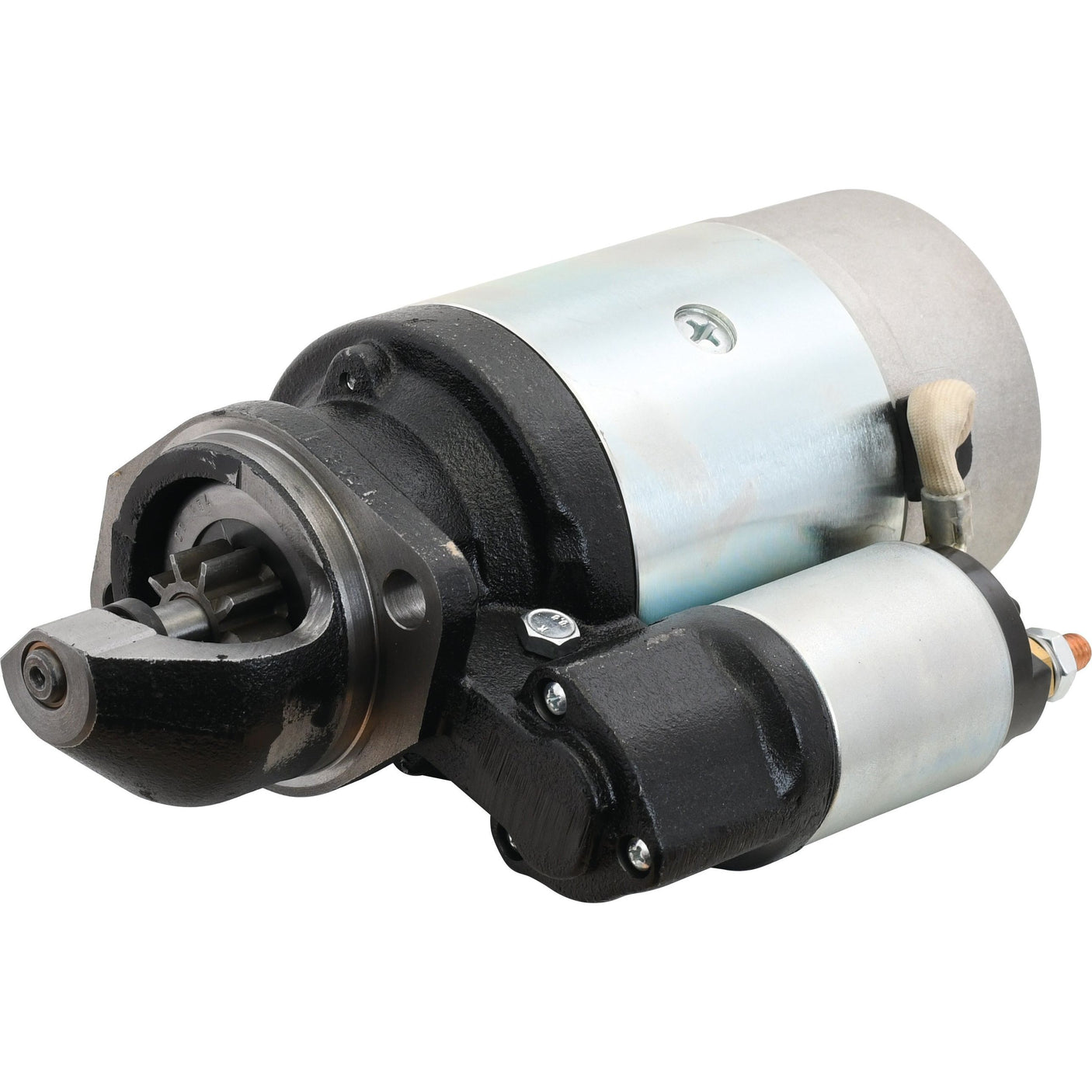 A Sparex Starter Motor - 12V, 2.7Kw (Mahle) with cylindrical components and black housing, positioned on a white background.