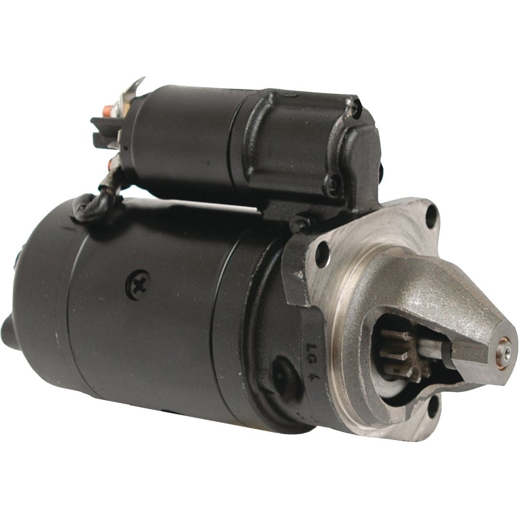 Close-up of the Sparex Starter Motor - 12V, 2.7Kw (Mahle) | Sparex Part No.S.36103, featuring a metallic housing and black cylindrical body, designed to initiate an internal combustion engine with its 12V power capacity.