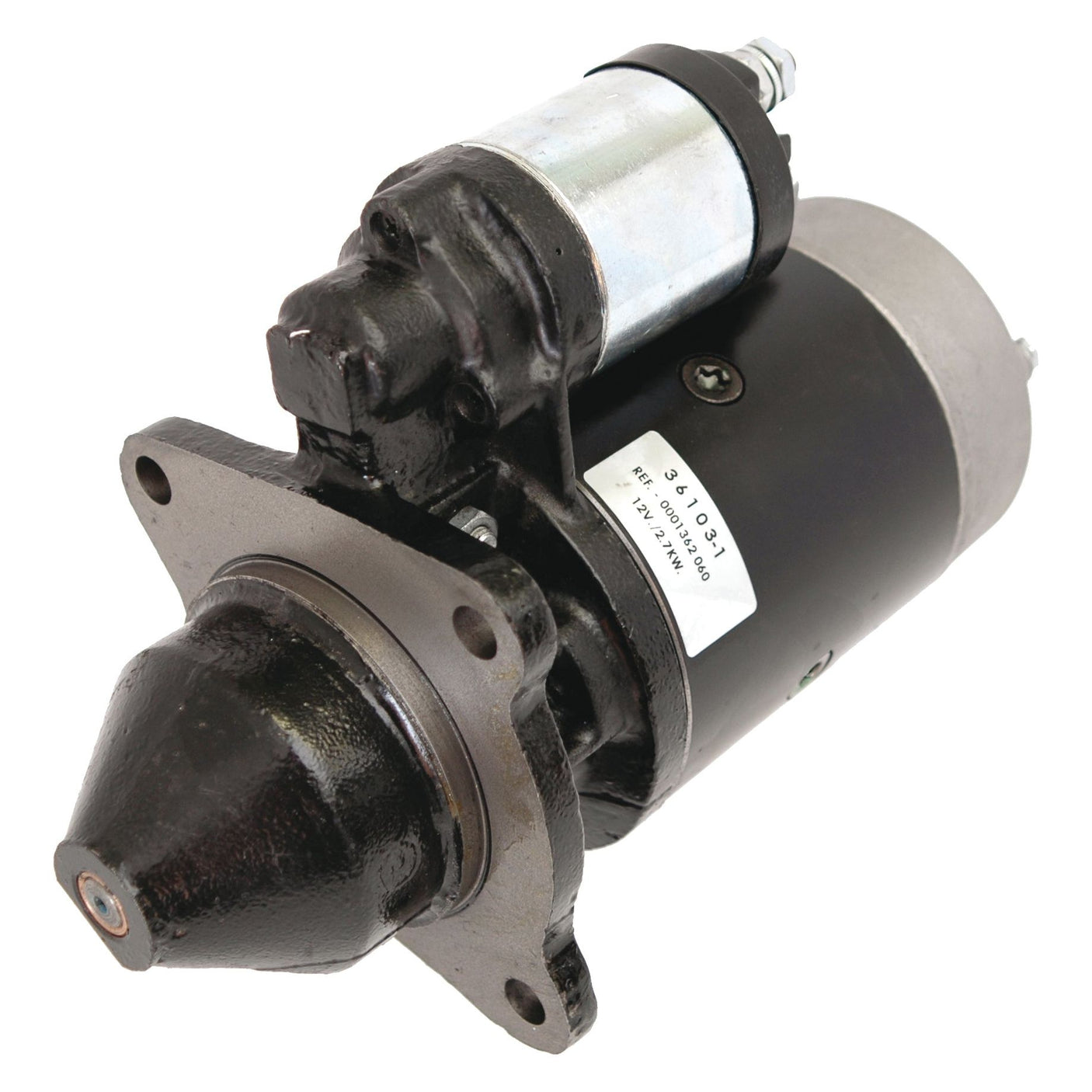 12V, 2.7Kw Mahle starter motor (Sparex Part No. S.36103) with a black metallic finish, visible label, and mounting flange, set against a white background.