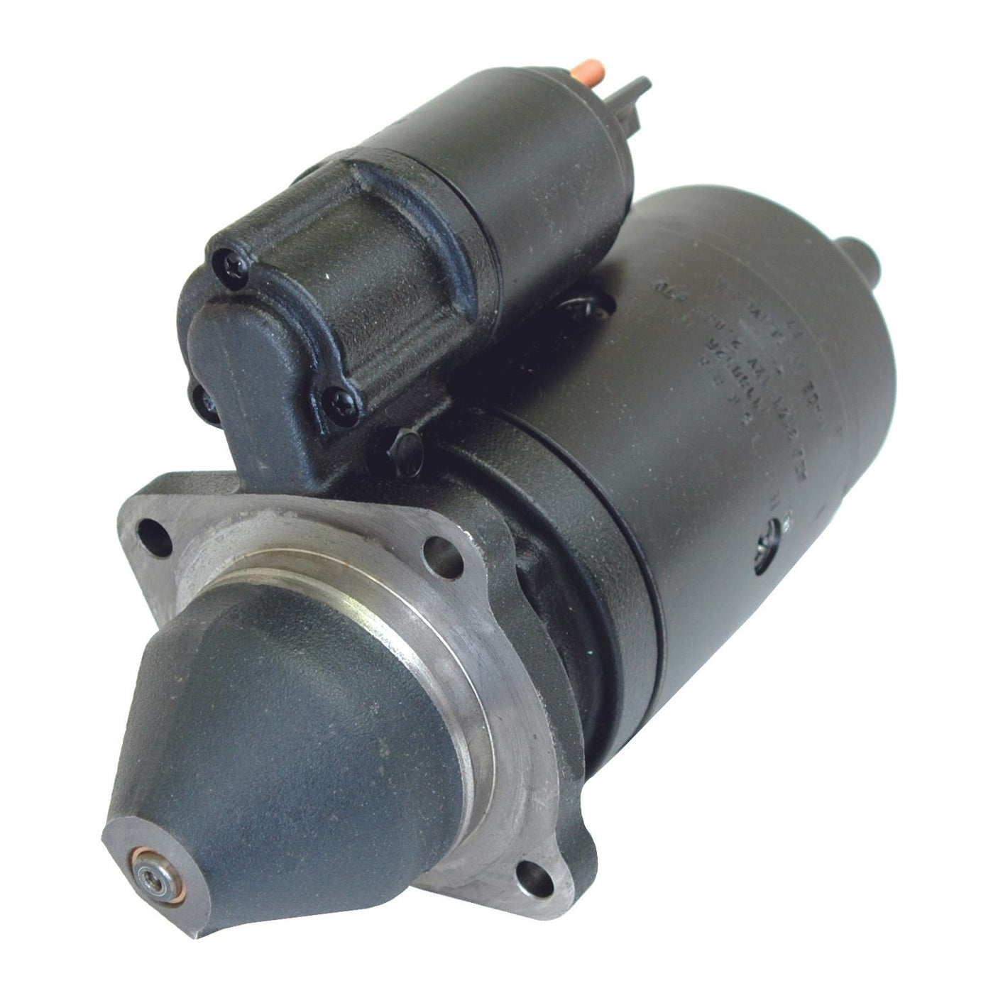 A black Sparex 12V, 2.8Kw Mahle starter motor (Sparex Part No.S.361050) with a conical front end and mounting flange, commonly used in car engines.