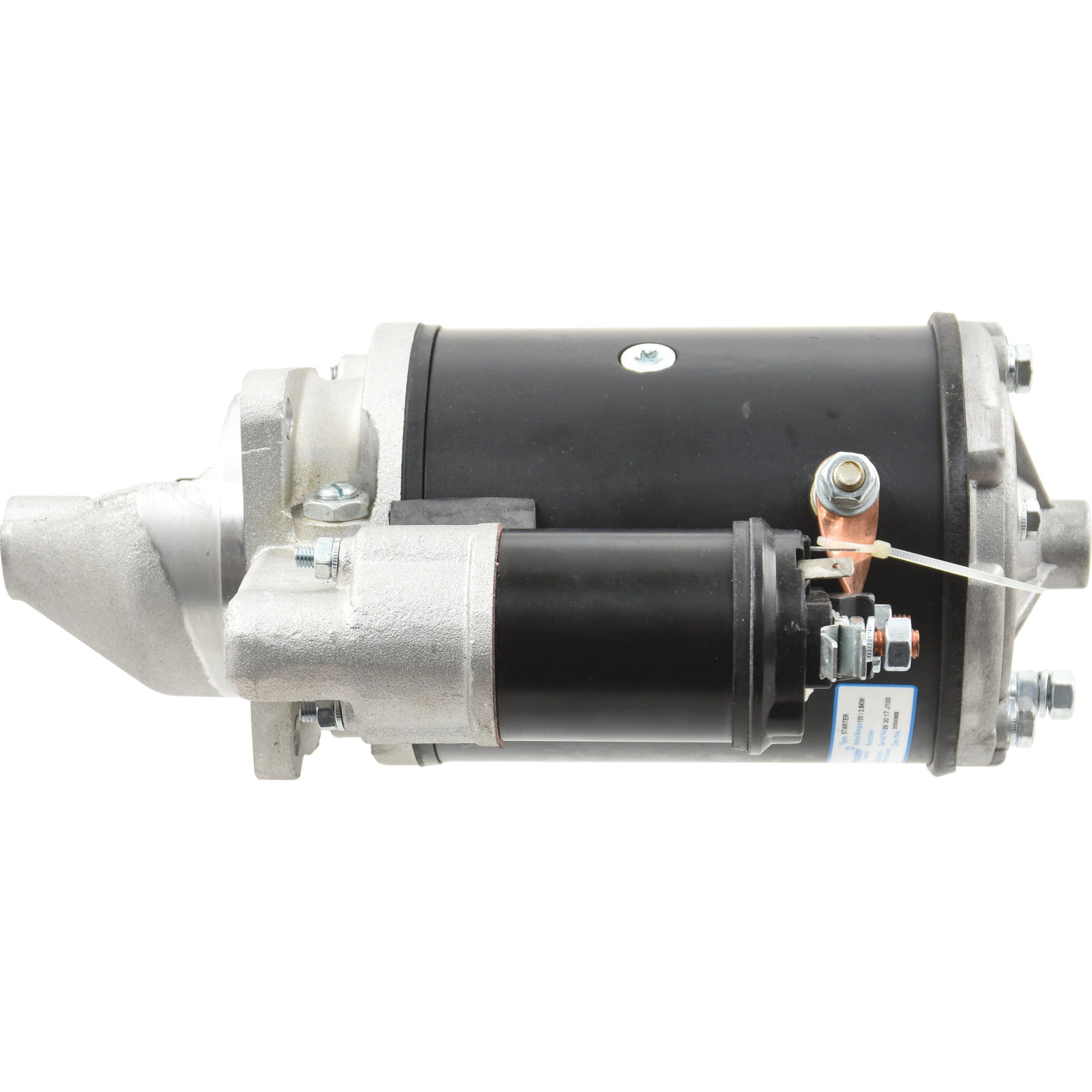 Close-up of a metallic 12V Starter Motor – 2.8Kw with visible terminal connections on a white background, designed specifically for Massey Ferguson tractors, featuring Sparex Part No. S.361051 by Sparex.