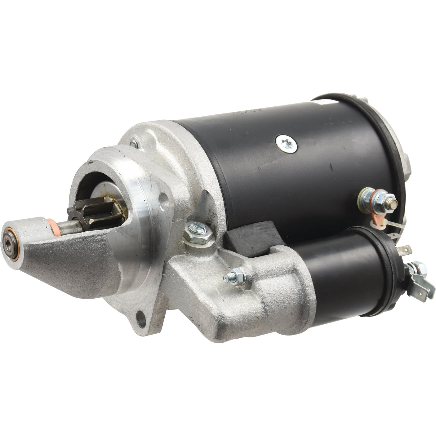 A Sparex Starter Motor - 12V, 2.8Kw (Sparex Part No.S.361051) with a metallic body, black cylindrical components, screws, and connectors.