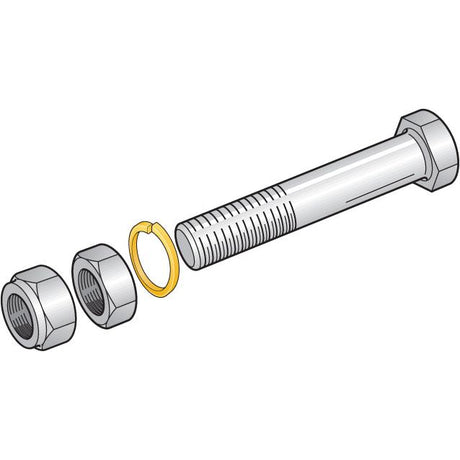 Illustration of a Sparex Shear Bolt - Imperial (Sparex Part No. S.3610) with two nuts and a washer aligned beside it, ready for assembly.