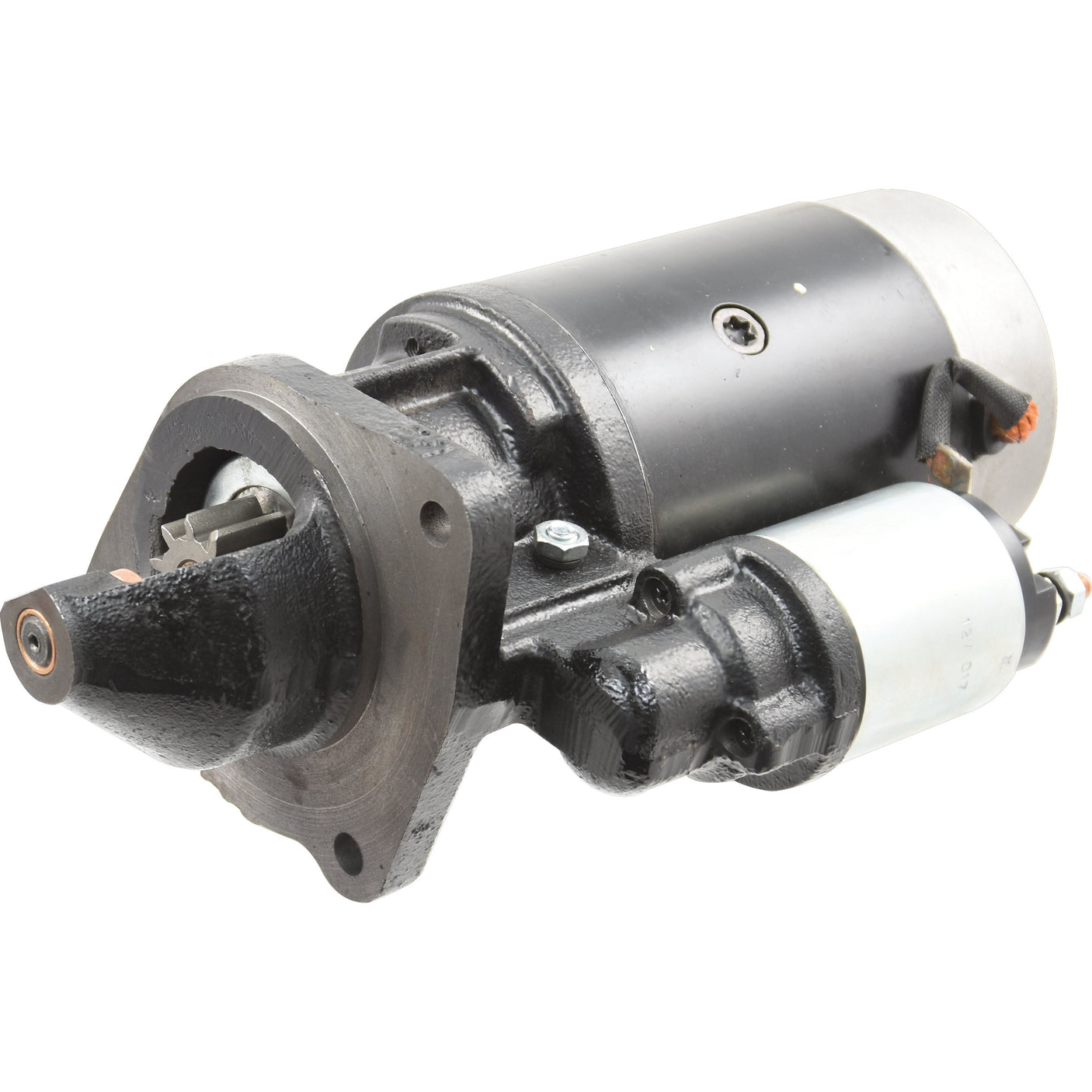 A close-up view of the 12V, 3.1Kw Starter Motor from Sparex (Part No. S.361191) showcasing its black finish, visible metal components, cylindrical housing, and mounting flange.