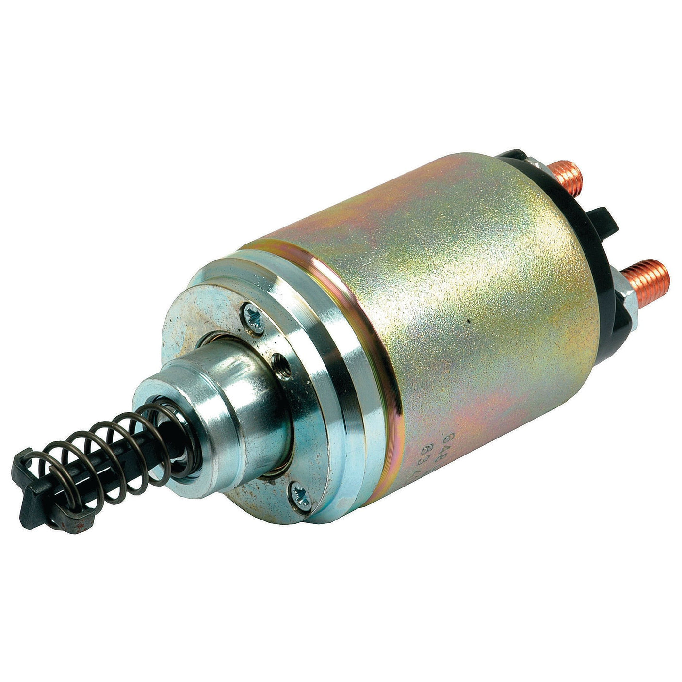 Image of a metallic cylindrical starter solenoid with a spring, two electrical connectors, and labeled Sparex Part No. S.36120 by Sparex.