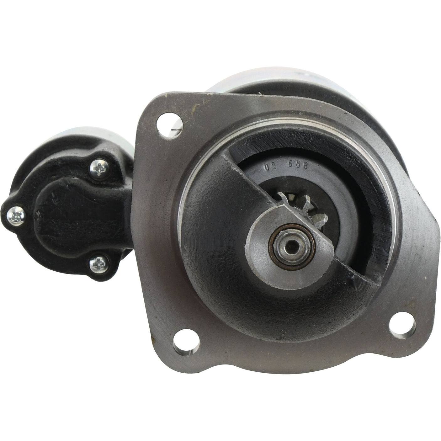 Close-up of the Starter Motor - 24V, 4Kw (Mahle) | Sparex Part No.S.36128 showing the gear and mounting holes. The metal casing has a black component attached with screws.