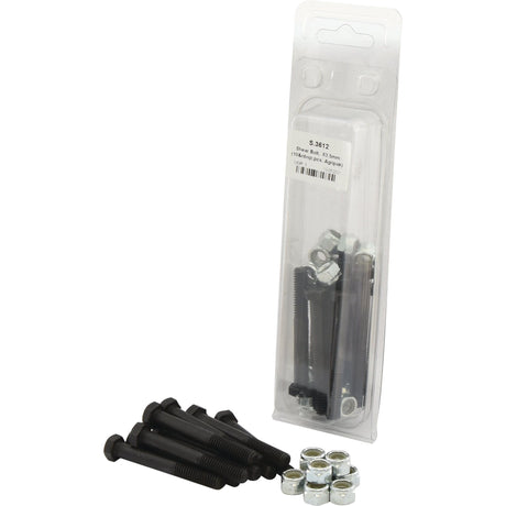 A clear plastic package containing Shear Bolt - Imperial bolts and nuts, with additional bolts and nuts lying in front of it. The Sparex label (Part No. S.3612) indicates specifics about the size of the bolts and nuts, highlighting their tensile strength.