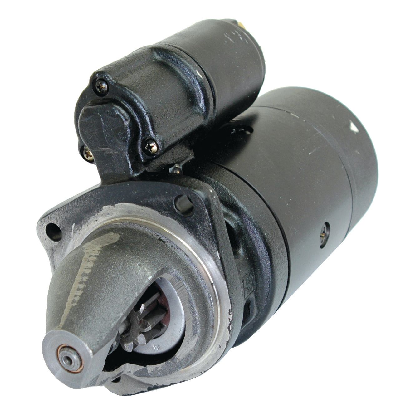 A close-up of the Starter Motor - 12V, 2.7Kw (Mahle) | Sparex Part No.S.36131, typically used in Massey Ferguson vehicles, showcasing its cylindrical shape and components.