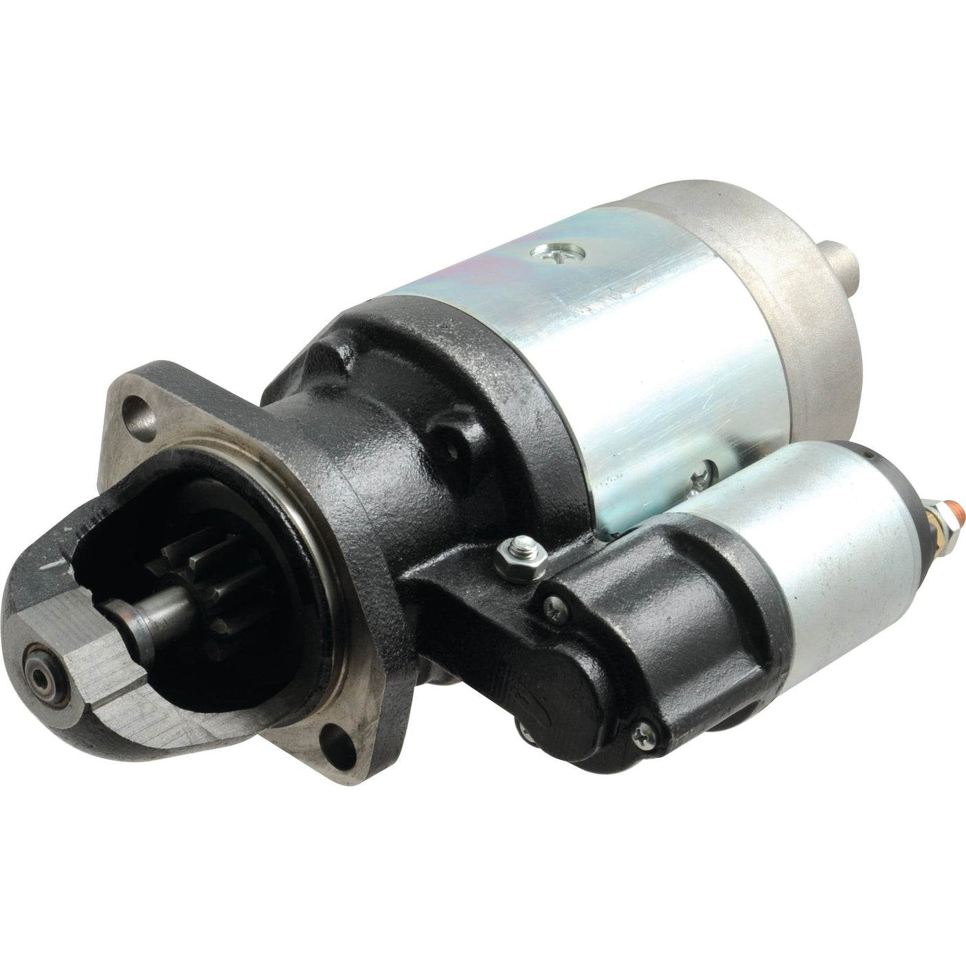 Close-up view of a Sparex Starter Motor - 12V, 2.7Kw (Mahle) with a cylindrical silver and black body, isolated on a white background.