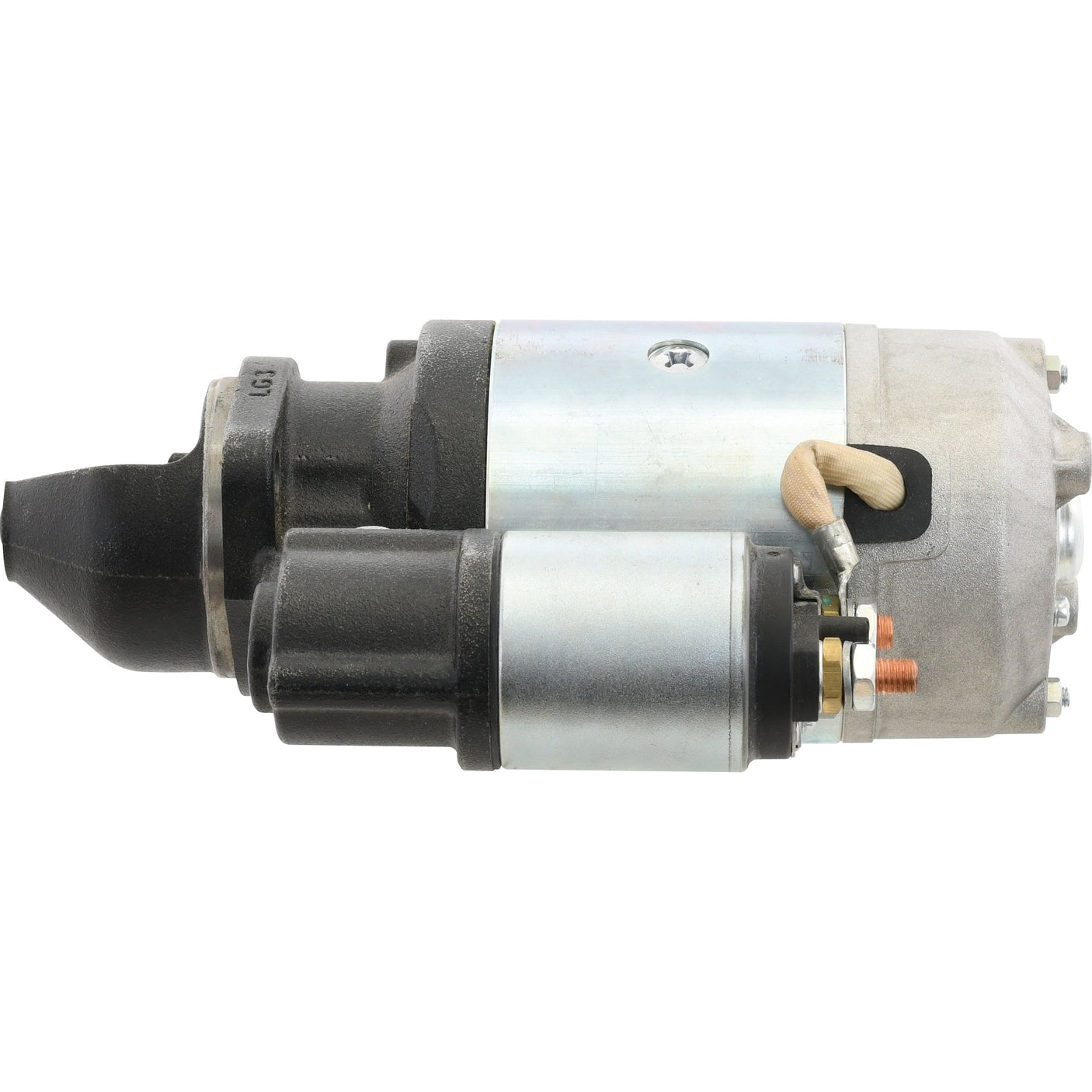 A side view of the Sparex Starter Motor - 12V, 2.7Kw (Mahle), displaying its metallic casing and various electrical connections, designed specifically for 12V systems (Sparex Part No. S.36185).