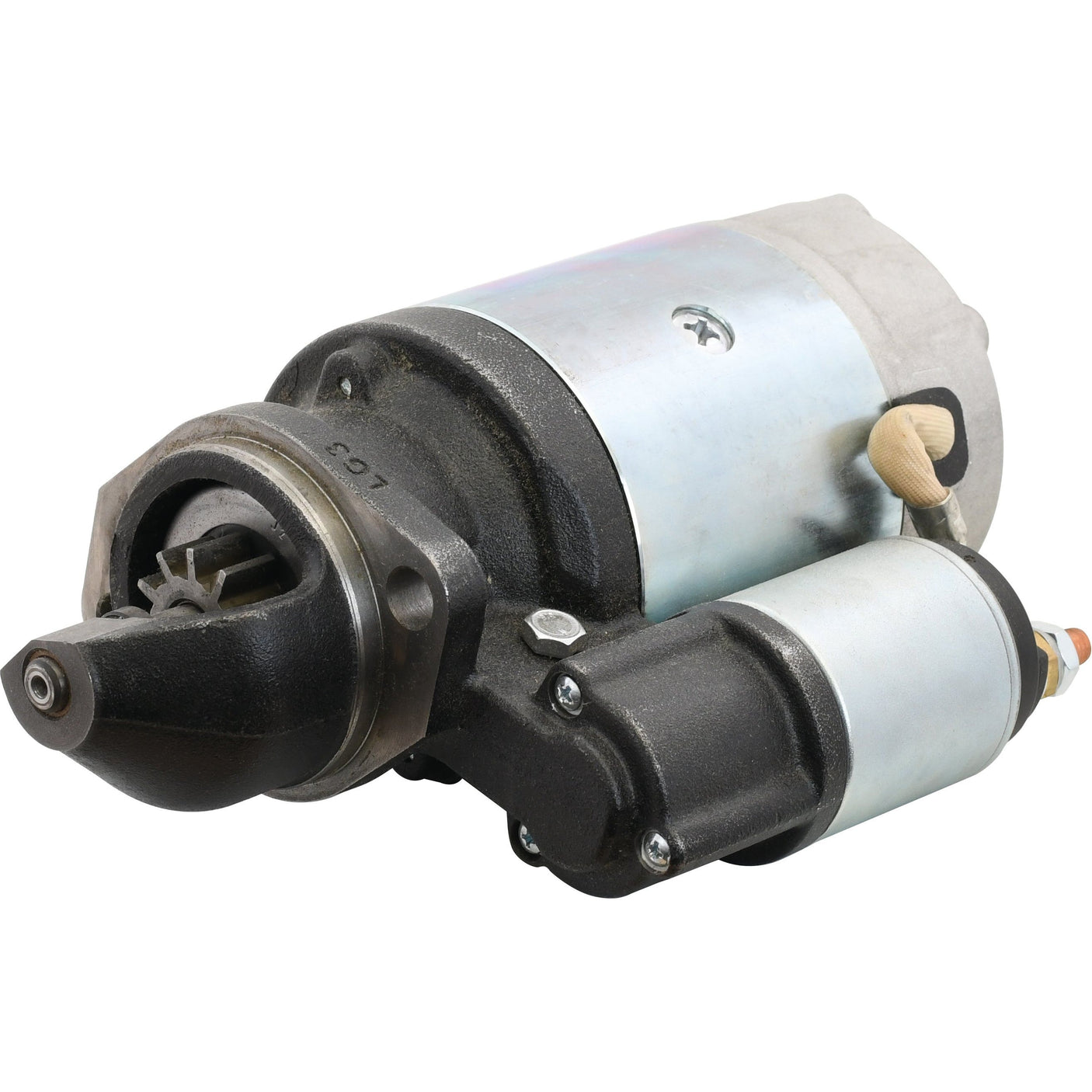 The image depicts a Sparex 12V, 2.7Kw starter motor (Mahle) with a metallic cylindrical body and an attached smaller component, identified by Sparex Part No.S.36185.