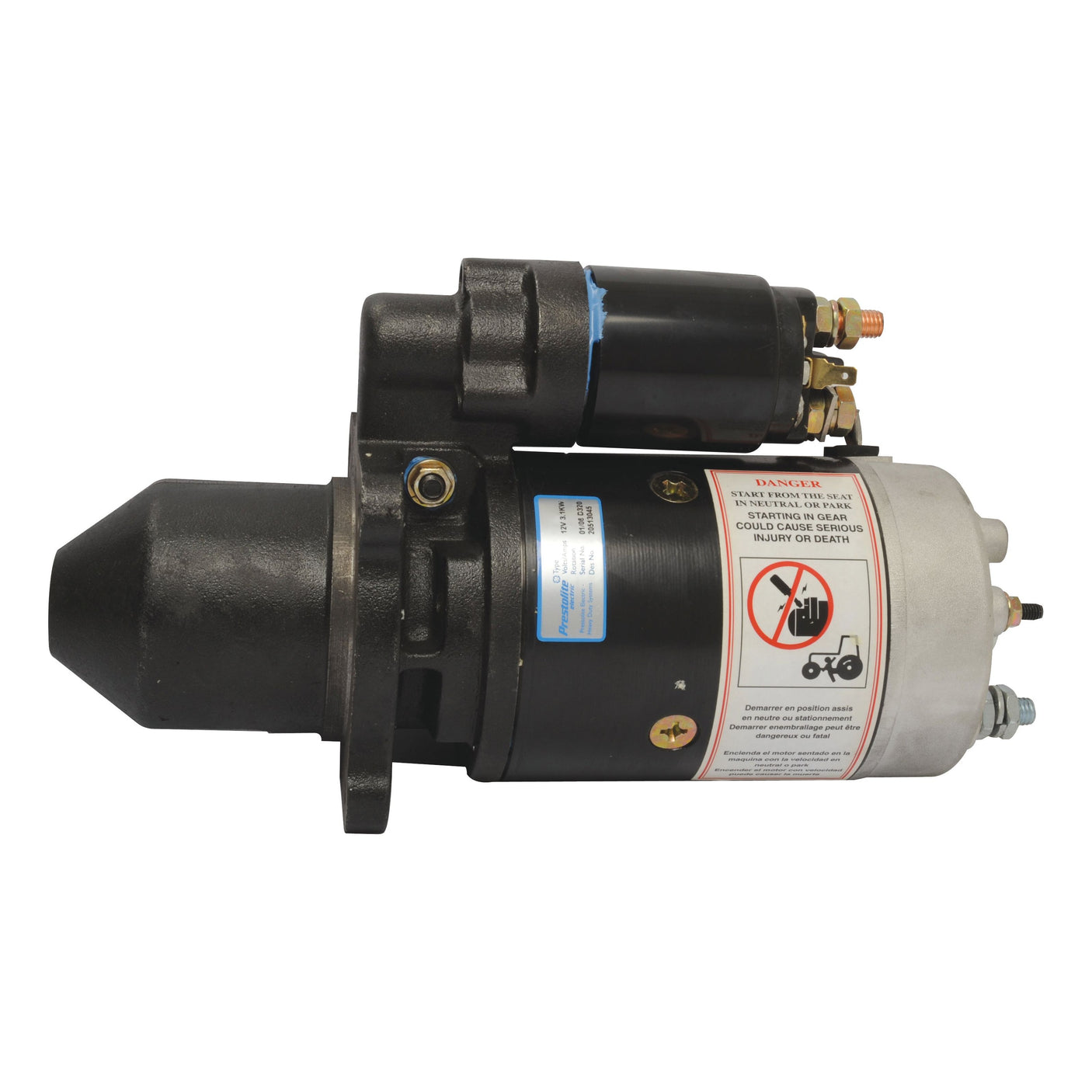 Image of a Sparex 12V, 3.1Kw Mahle starter motor (Part No. S.36186) with a black and gray exterior, displaying warning labels and several bolts.