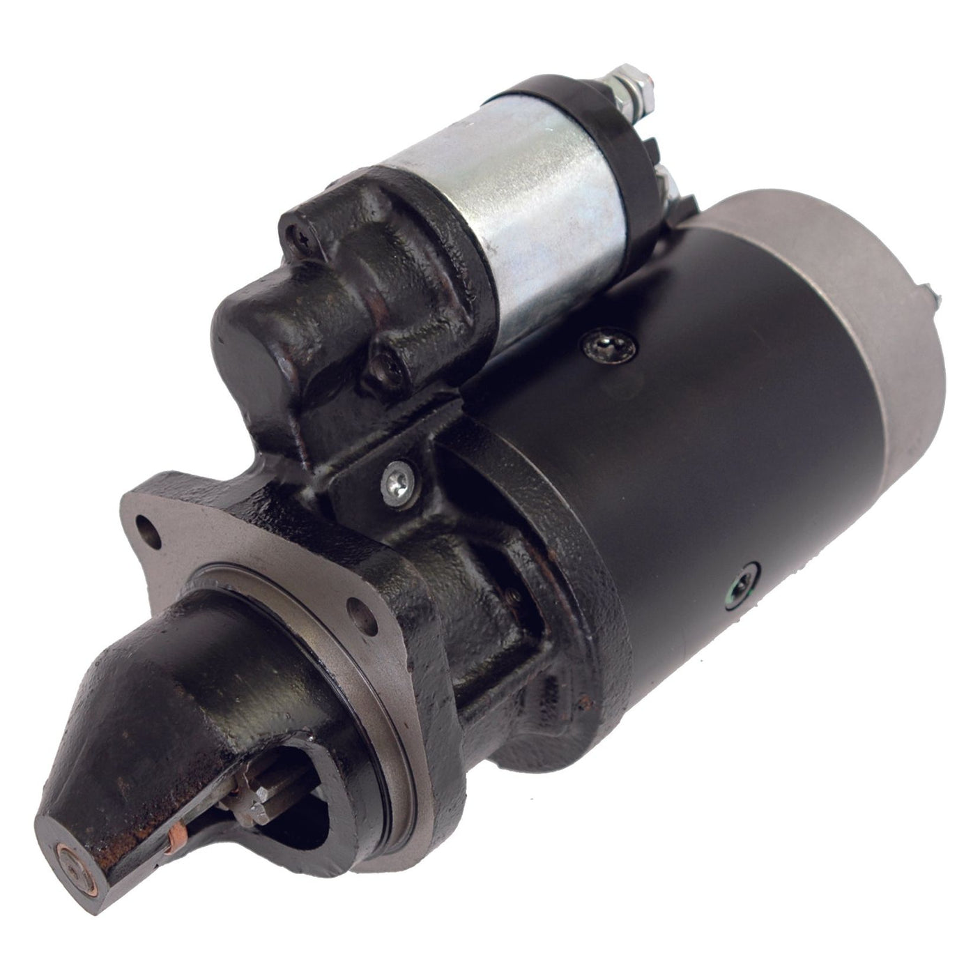 A close-up view of a 12V, 2.8Kw Sparex starter motor (Part No. S.361891) in black and silver for a Massey Ferguson on a white background.