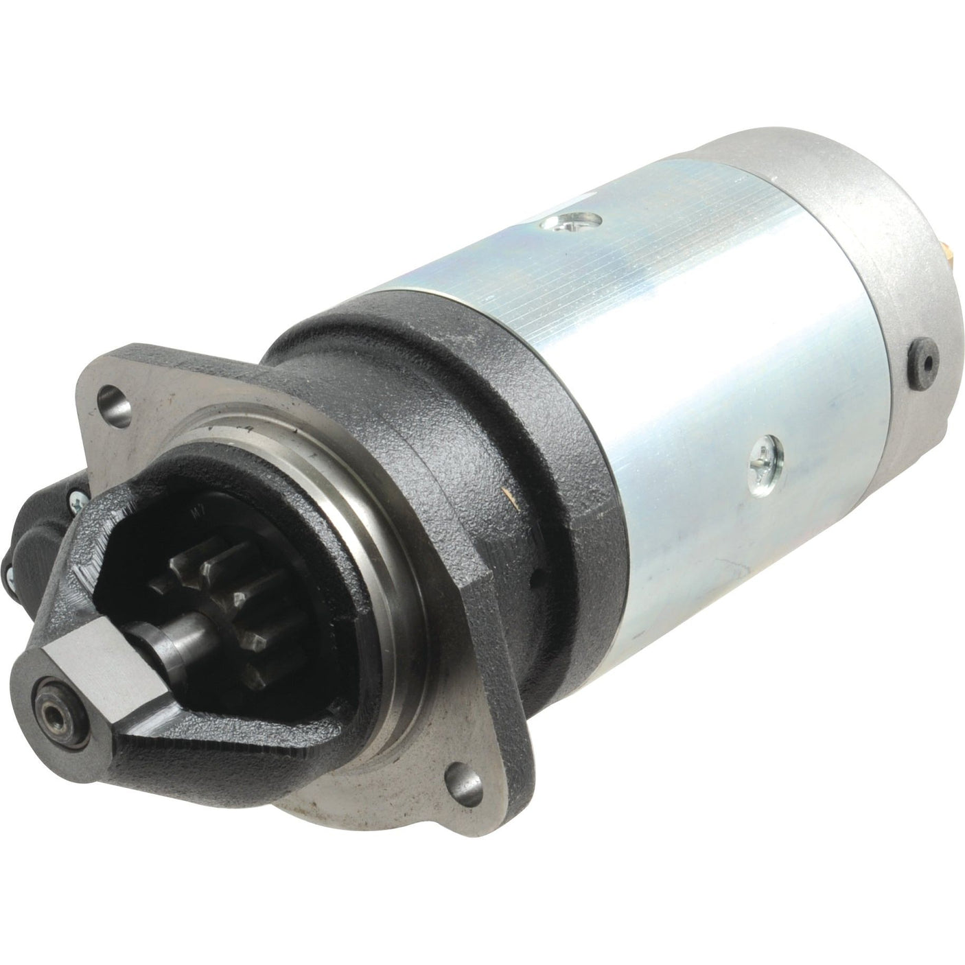 A close-up of the Sparex Starter Motor - 12V, 3Kw (Mahle) | Part No.S.36189, featuring metallic components, a cylindrical body, and gear mechanisms on one end.