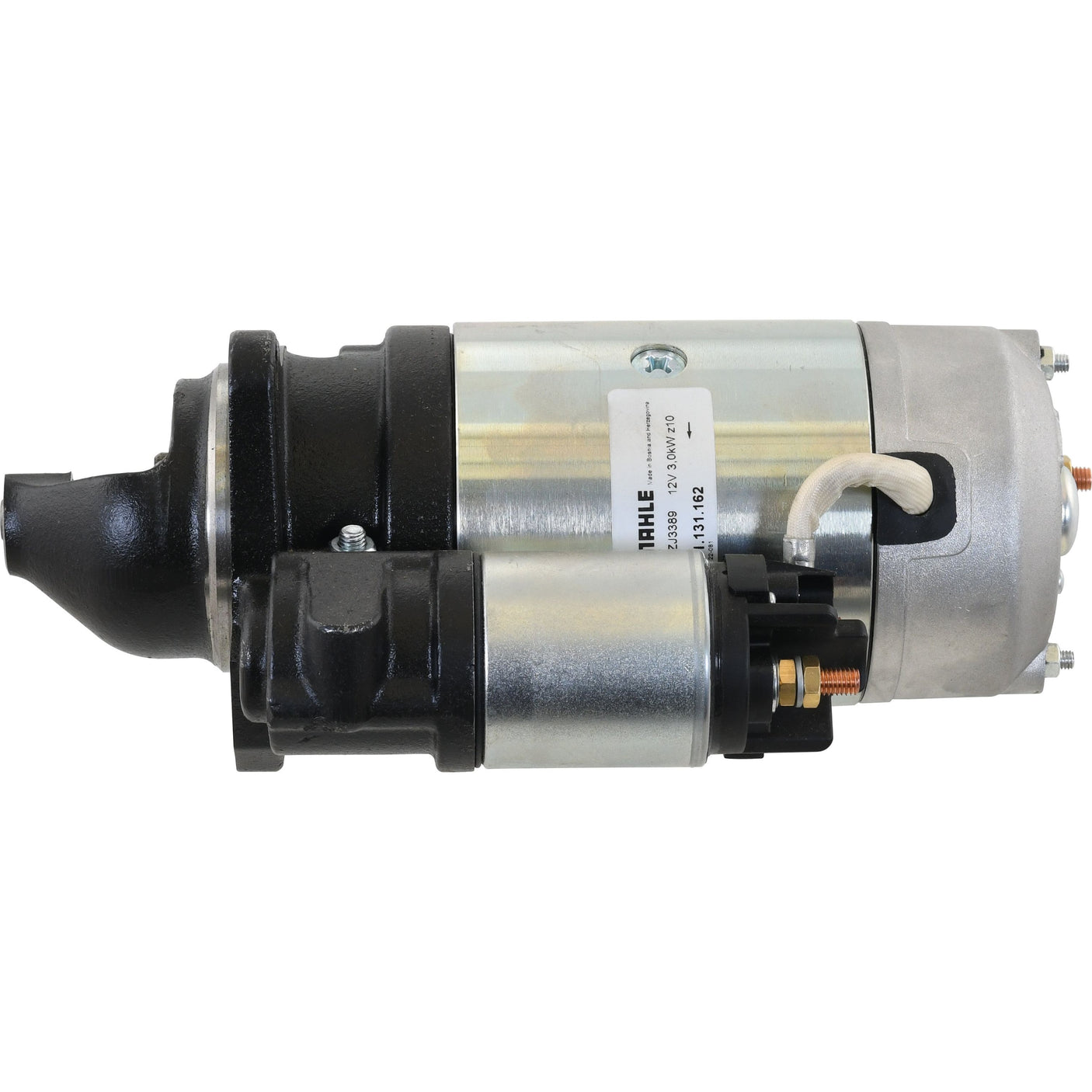 Image of the Sparex Starter Motor - 12V, 3Kw (Mahle), featuring a silver cylindrical body, black mounting bracket, and 12V electrical connections.