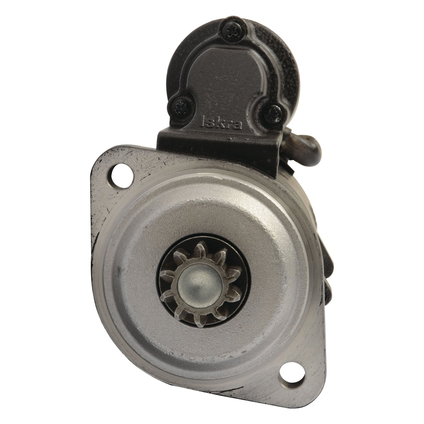 Close-up view of a silvery mechanical component, identified as the Starter Motor - 12V, 3.2Kw, Gear Reducted by Mahle, featuring a central gear and mounting holes on the flange. This automotive part is available under Sparex Part No.S.36196.