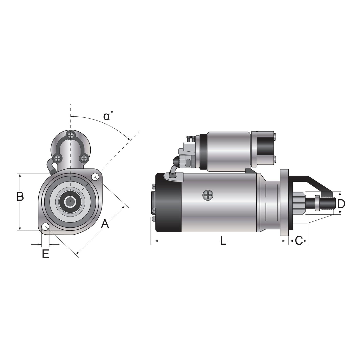 Technical drawing of a Starter Motor - 12V, 3.2Kw, Gear Reducted (Mahle) by Sparex (Part No. S.36196), with front and side views showing various dimensions labeled with letters and angles. The component appears detailed with connectors and bolts.