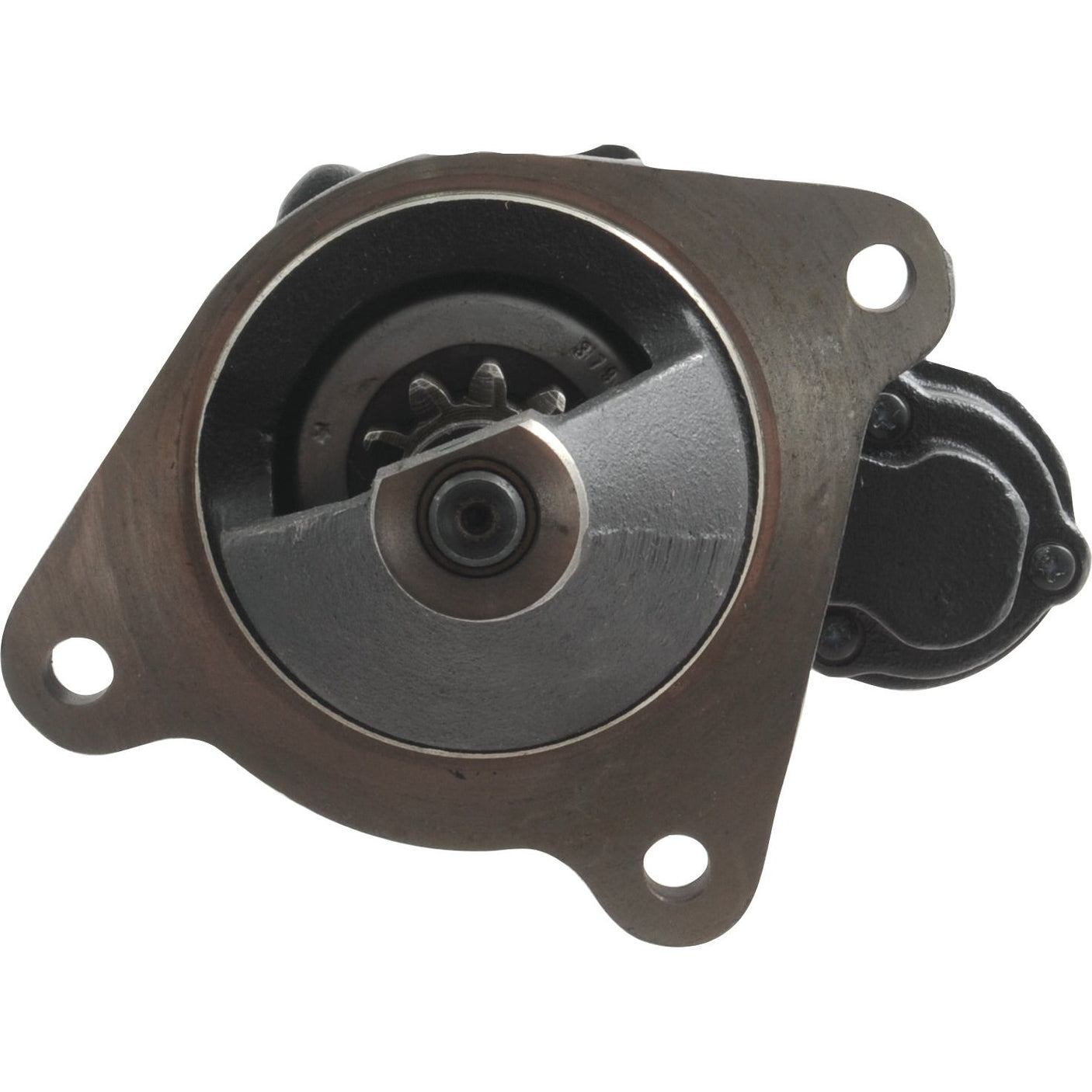 Close-up of a Mahle metal mechanical part with a circular design, three mounting holes, and integration for the Starter Motor - 12V, 3Kw, Gear Reduced (Mahle) | Sparex Part No. S.36197 from Sparex.