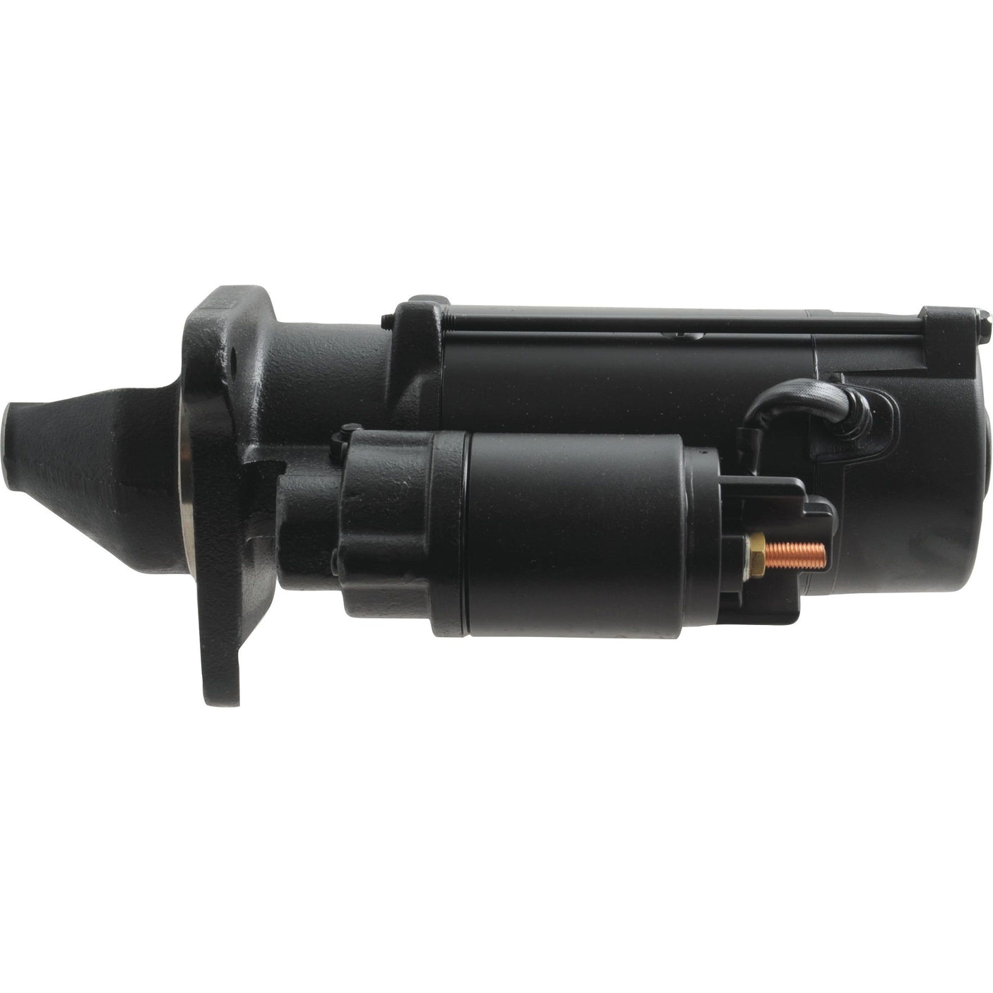 A black cylindrical Starter Motor - 12V, 3Kw, Gear Reduced (Mahle) by Sparex, Part No. S.36197, featuring a mounting flange and equipped with electrical connections and a solenoid.