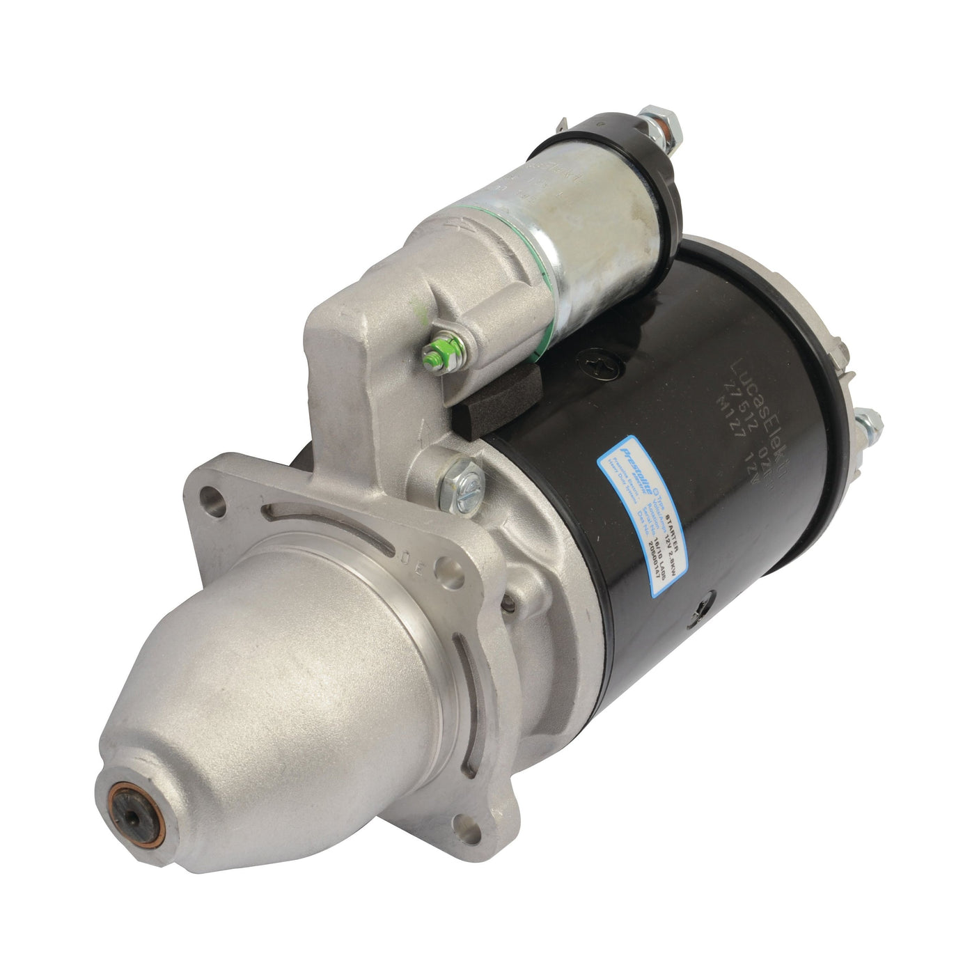 The "Starter Motor - 12V, 3Kw (Sparex)" with Sparex Part No. S.361981 is a metallic motor equipped with an attached solenoid, featuring a cylindrical body and an integrated mounting flange.