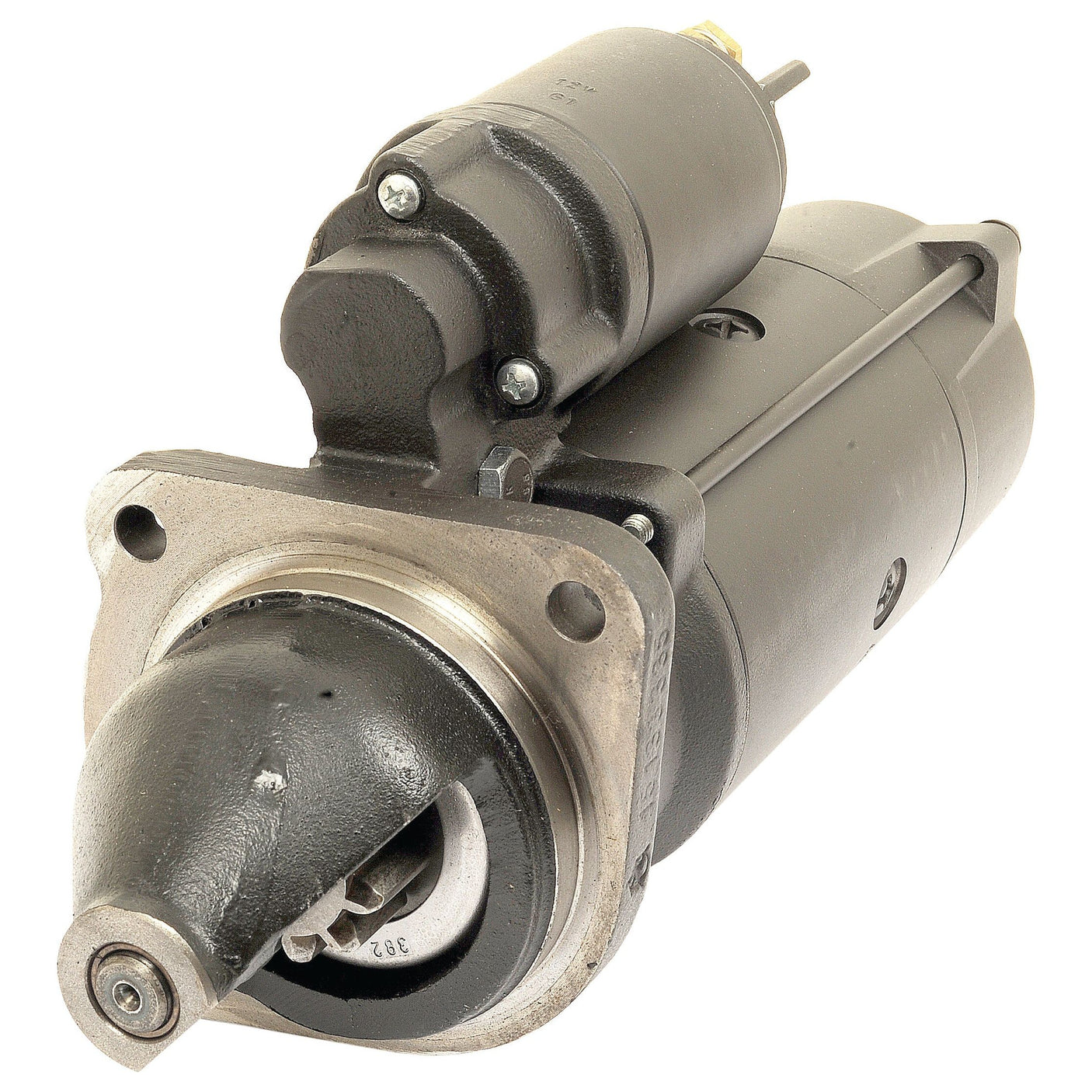 A black and silver Mahle starter motor, featuring a cylindrical shape, gear reduction, and multiple mounting points; known as Starter Motor - 12V, 4.2Kw, Gear Reducted (Mahle) | Sparex Part No.S.36199 by Sparex.