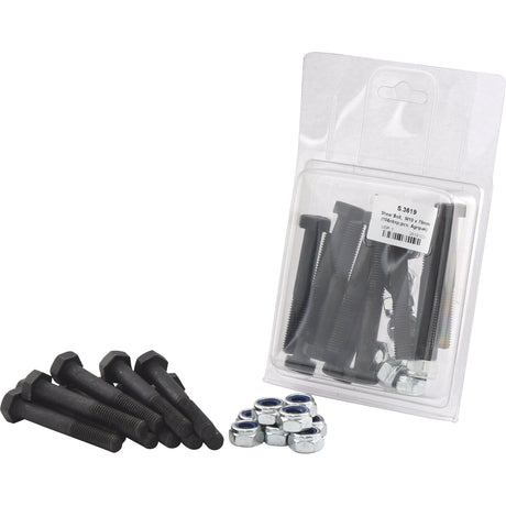 Pack of Sparex Shear Bolt, M10x70mm (10 pcs. Agripak), Part No. S.3619. The transparent package contains several black bolts and silver nuts, ideal for flywheel repairs. Additional loose shear bolts and nuts are placed next to the package.
