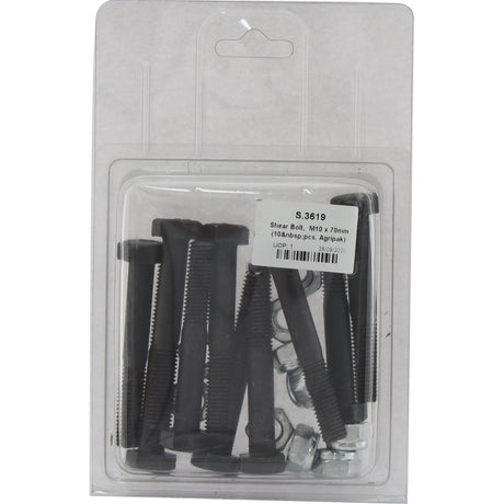 A pack of black shear bolts and nuts displayed in a clear plastic packaging, labeled "Shear Bolt, M10x70mm (10 pcs. Agripak) | Sparex Part No.S.3619" from Sparex.