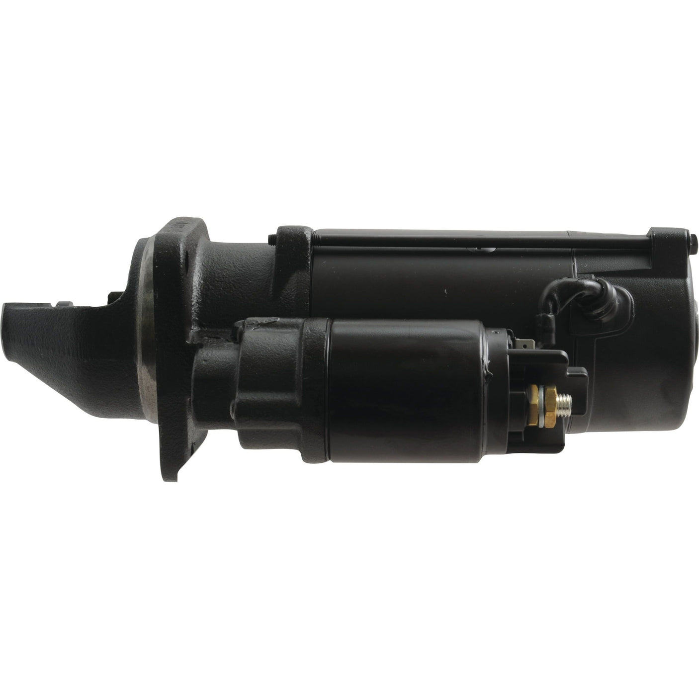 Image of a black Starter Motor - 12V, 3Kw, Gear Reducted (Mahle) | Sparex Part No.S.36200, featuring gear-reduced components and showing side view details against a white background.