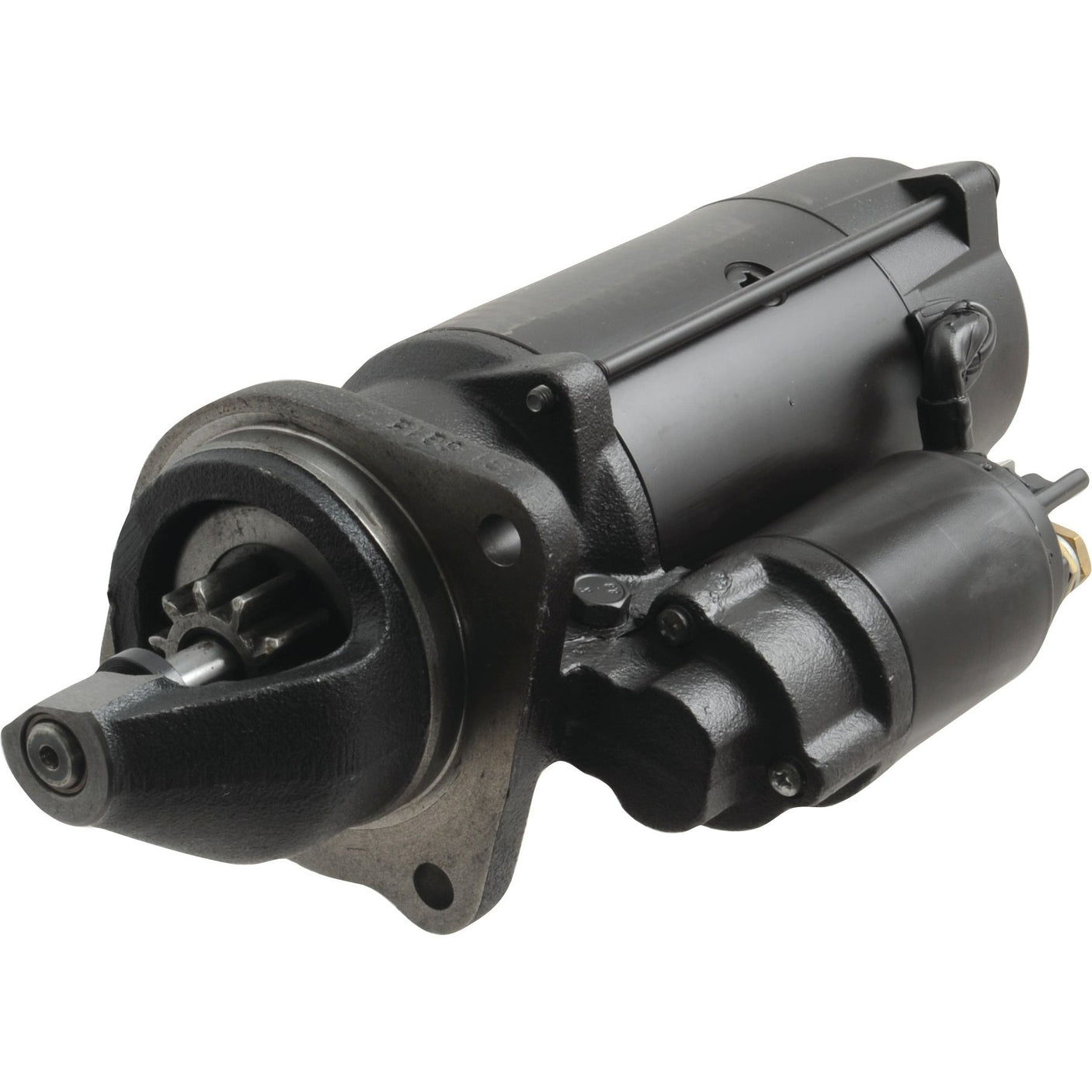 Image featuring a black Starter Motor - 12V, 3Kw, Gear Reducted (Mahle) | Sparex Part No.S.36200 with visible gears and attached solenoid from the Sparex brand.