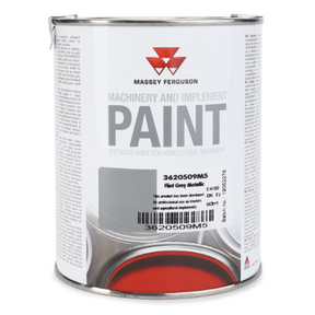 A 1-liter metal can of AGCO's Massey Ferguson - Flint Grey Metallic Paint (product code 3620509M5), labeled with detailed product information and safety warnings, is ideal for Ballymoney machinery and implements.