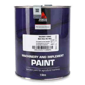 A 1-liter can of Massey Ferguson - Black Gloss Paint, product code 3620513M5, from the AGCO brand, labeled "specialist synthetic paint for agricultural machinery," perfect for your Massey Ferguson equipment. The label ensures top quality for all your Ballymoney needs.