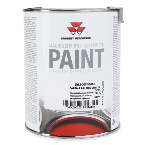 A 1-liter can of AGCO’s Massey Ferguson - Black Dull Paint (3620518M5) in RAL 9005, specifically formulated for agricultural machinery. This premium synthetic paint offers long-lasting protection and an elegant dull black finish, ideal for preserving equipment in Ballymoney.