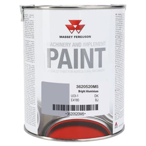 A 1-liter metal can of AGCO Massey Ferguson bright aluminum synthetic paint, labeled "Machinery and Implement Paint," with various text details and the company’s logo on the front.