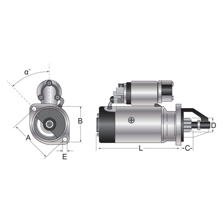 Technical drawing of the Starter Motor - 12V, 3Kw, Gear Reduced (Mahle) showing two views: a front view with labeled dimensions A, B, and E and an angular measurement α, and a side view with dimensions C, D, and L. The component is part of a Starter Motor assembly by Sparex (Sparex Part No.S.36207).