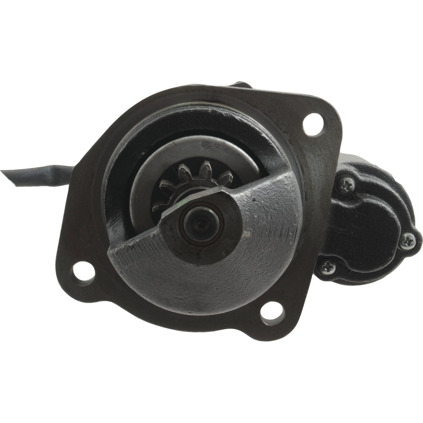 A close-up view of the Sparex Starter Motor - 12V, 4.2Kw, Gear Reducted (Mahle), Sparex Part No.S.36208 reveals a predominantly metallic component with a sleek black finish and a cylindrical shape featuring mounting holes. This design makes it ideal for integration into a 12V starter motor system.