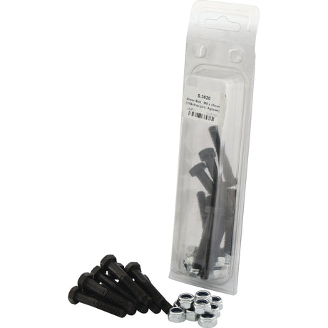 A clear plastic package labeled "Sparex Shear Bolt, M8x45mm (10 pcs. Agripak), Part No.S.3620," containing several black metric bolts and nuts, with additional replacement shear bolts placed in front of the package.