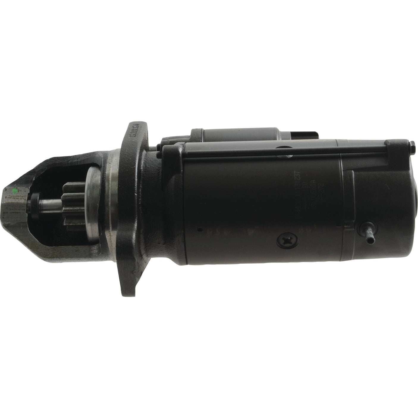 A close-up view of a black Starter Motor - 12V, 4.2Kw, Gear Reducted (Mahle) by Sparex Part No.S.36211, showcasing visible gears and a robust mounting bracket.