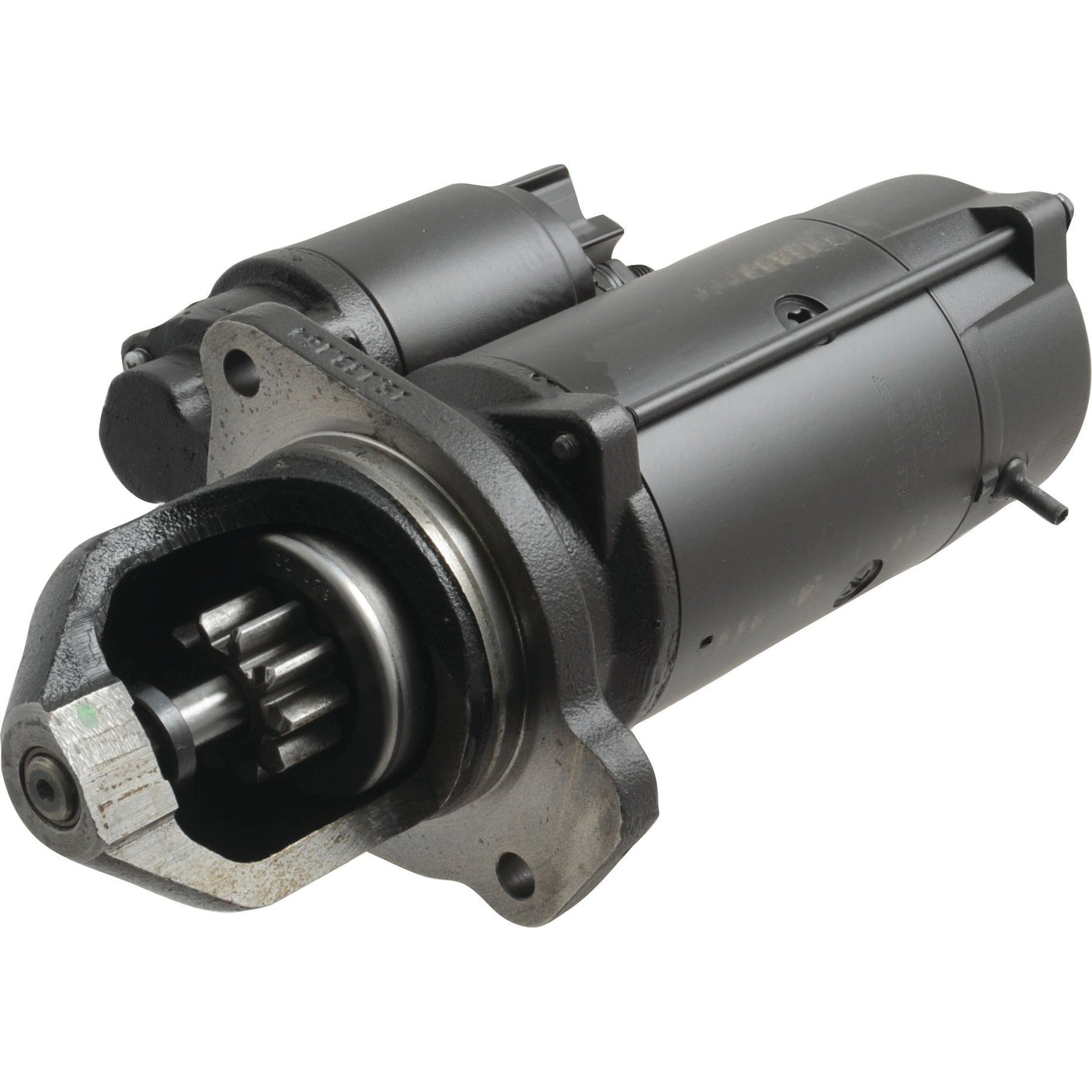 Close-up of the Sparex Starter Motor - 12V, 4.2Kw, Gear Reducted (Mahle) with visible gears and mounting flanges on a white background, ideal for John Deere equipment.