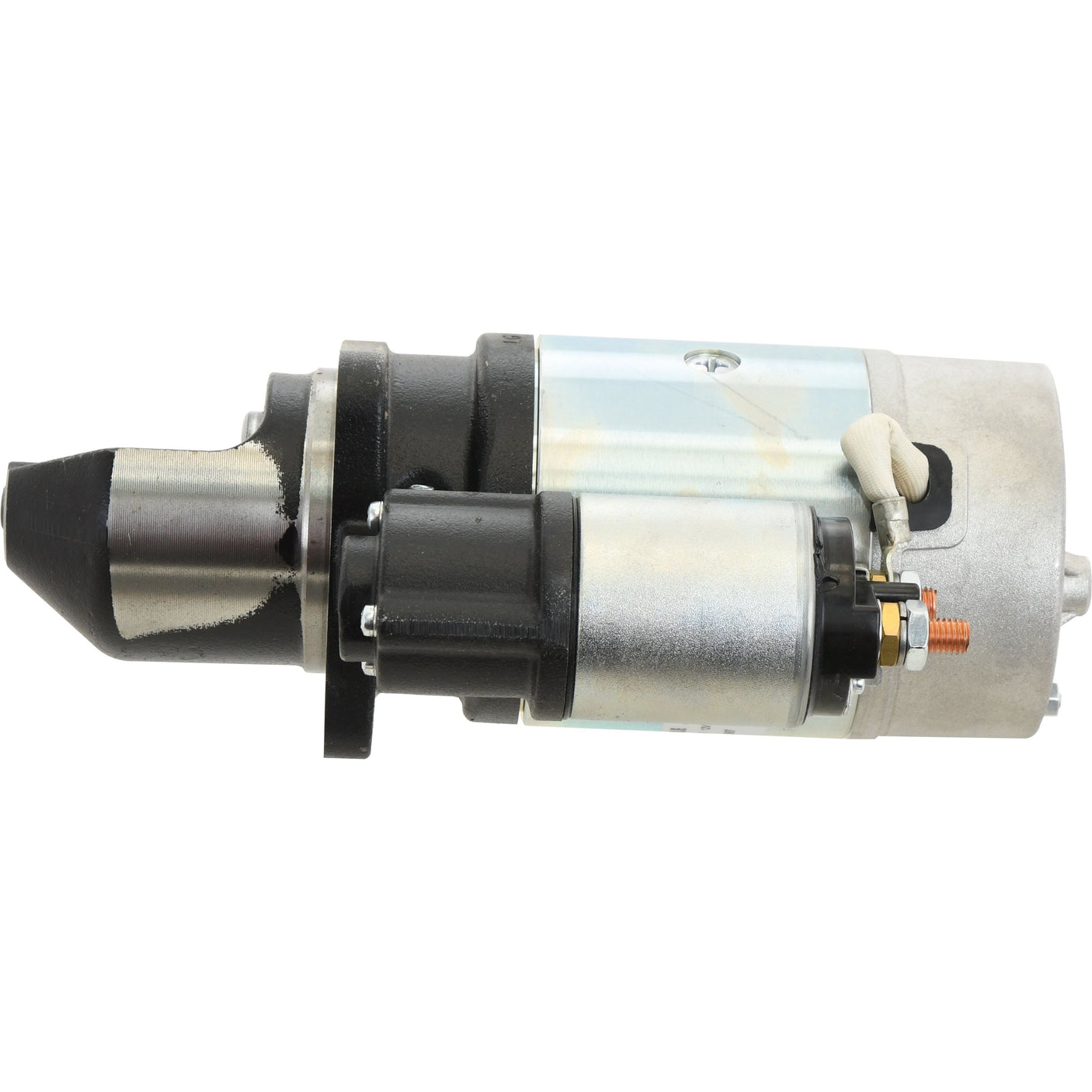 The Sparex Starter Motor - 12V, 2.7Kw (Mahle) | Part No.S.36219 showcases a cylindrical shape with a durable metal housing and visible gears, featuring components in black, silver, and copper hues.