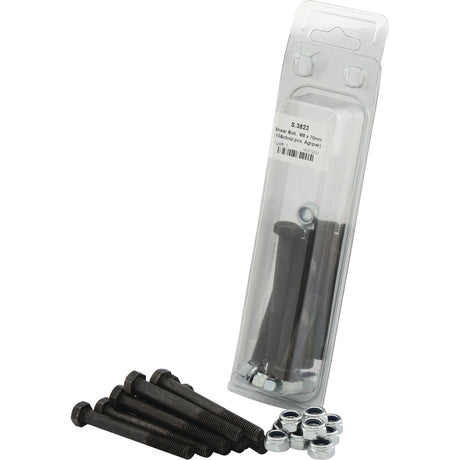 A package of Sparex Shear Bolts, M8x70mm (10 pcs. Agripak), stands upright in its plastic packaging, with additional loose screws and nuts scattered beside it.