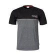 The Fendt - Pro T-Shirt (X991019022C) by AGCO is a contemporary short-sleeved shirt with a black upper section and gray lower section. Crafted from a soft cotton/polyester blend, it features a small "Fendt Profi" logo on the upper left chest.