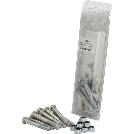 A plastic package labeled as Sparex Shear Bolt, M8x55mm (10 pcs. Agripak) - Sparex Part No.S.3625, is displayed alongside several loose bolts and nuts on a white surface.