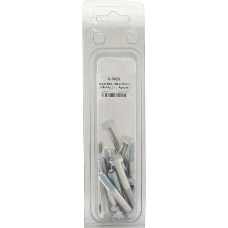 Plastic packaging containing several metal bolts of varying sizes with a label indicating "Shear Bolt, M8x55mm (10 pcs. Agripak), Sparex Part No. S.3625".