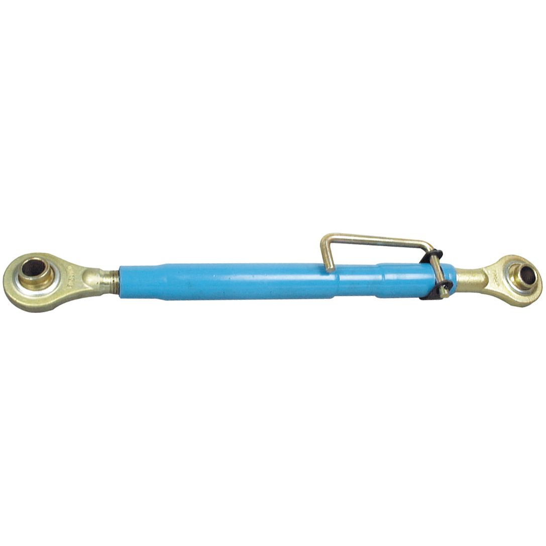 The Sparex Top Link (Cat.1/2) Ball and Ball, 1 1/4'', Min. Length: 622mm. - S.3630 is a blue adjustable hydraulic top link designed for heavy-duty implements, featuring metal attachment points on both ends and a brass-colored handle near the center. Ideal for Ford / New Holland tractors, it incorporates a Sparex implement end for enhanced versatility.