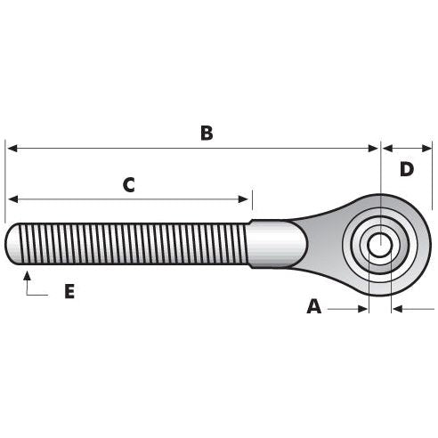 Technical drawing of a Sparex Top Link Ball End - 1 1/4'' UNC - Cat.2 (Sparex Part No.S.3632) with dimensions labeled as A, B, C, D, and E. The rod has threading on part of its length (Thread length 168mm), and the ball bore is Ø 25.4mm Spenco.