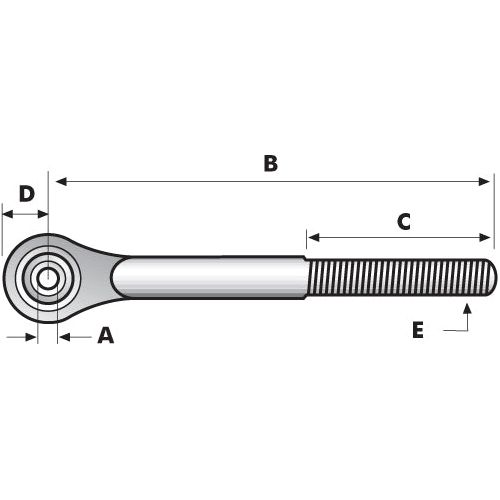 Diagram of a Top Link Ball End - 1 1/4'' UNC - Cat.2 (Sparex Part No. S.3634) with labeled dimensions A, B, C, D, and E, showing detailed measurements for various parts including thread length and ball bore specifics.