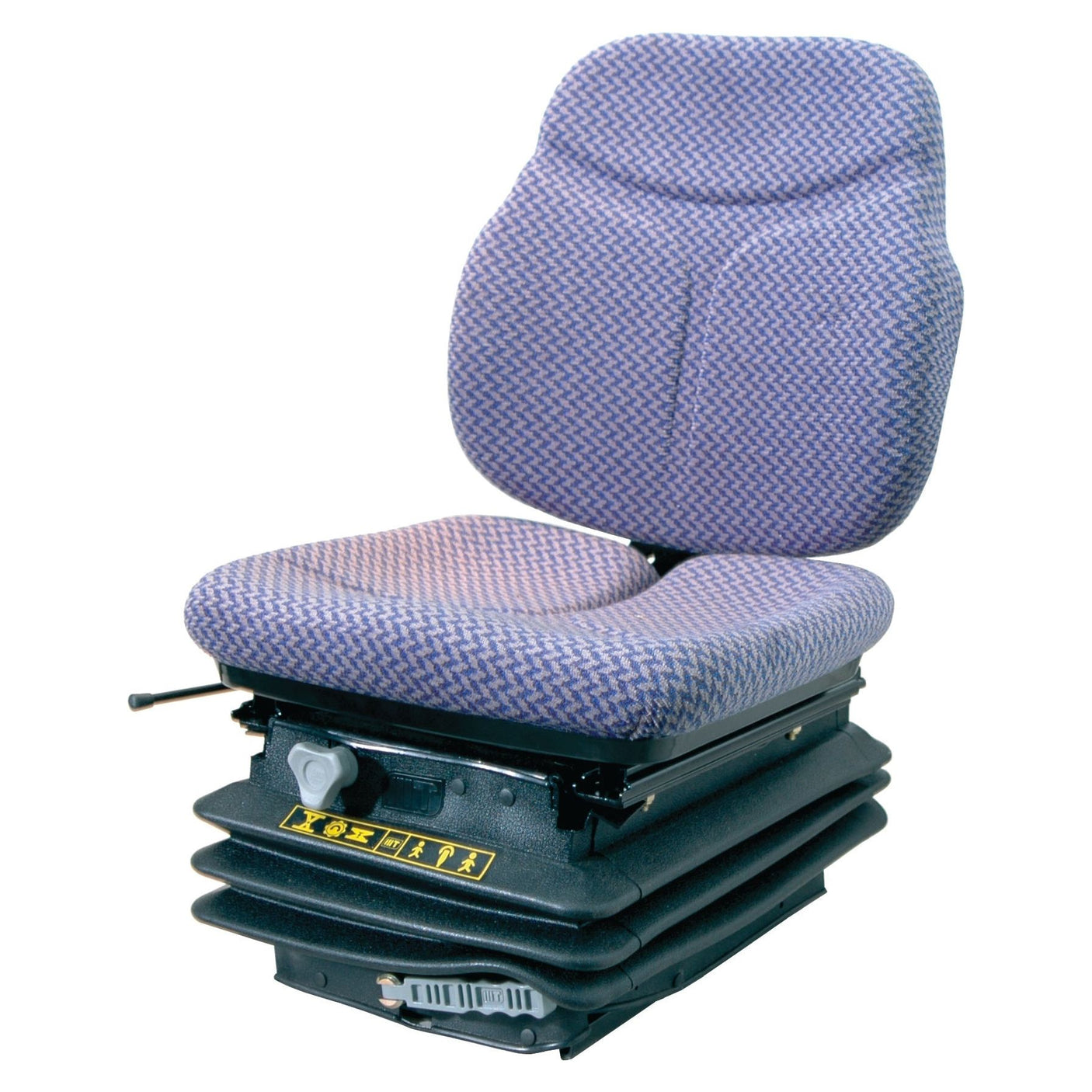 Introducing the COBO Seat Assembly - S.36511 by Sparex, a cushioned vehicle seat featuring an ergonomic backrest, patterned fabric cover, and a black base equipped with adjustment levers and warning stickers.